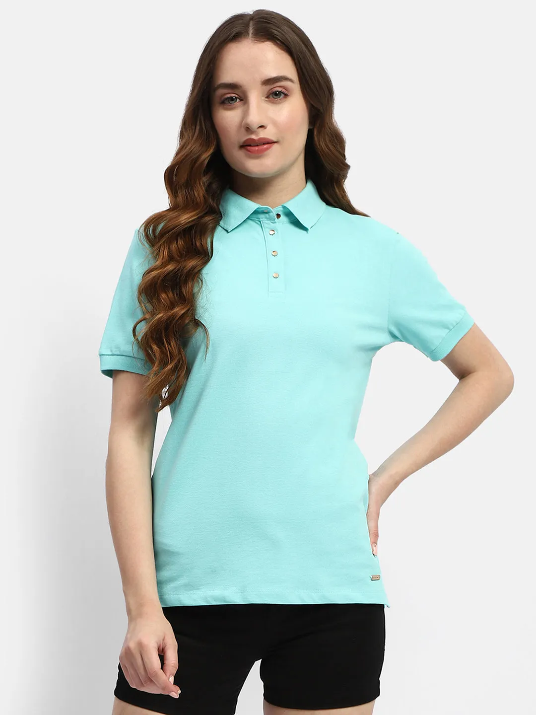 Soft Breathable Madame Solid Aqua Blue Polo Neck T-Shirt