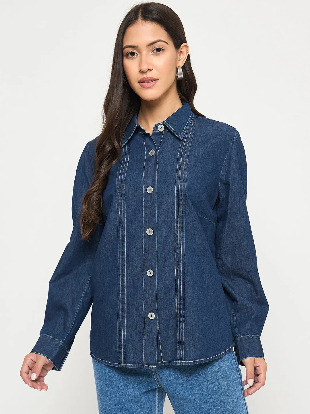 Madame Pintuck Detailed Mid Blue Denim Shirt Unisex Option Personalized Touch