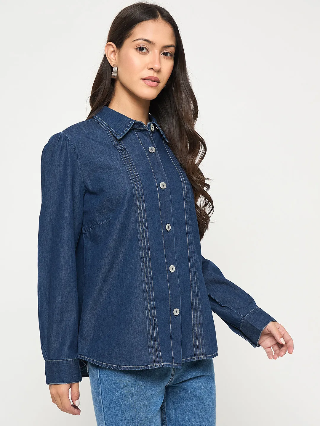 Madame Pintuck Detailed Mid Blue Denim Shirt V-neck style Spring Trend
