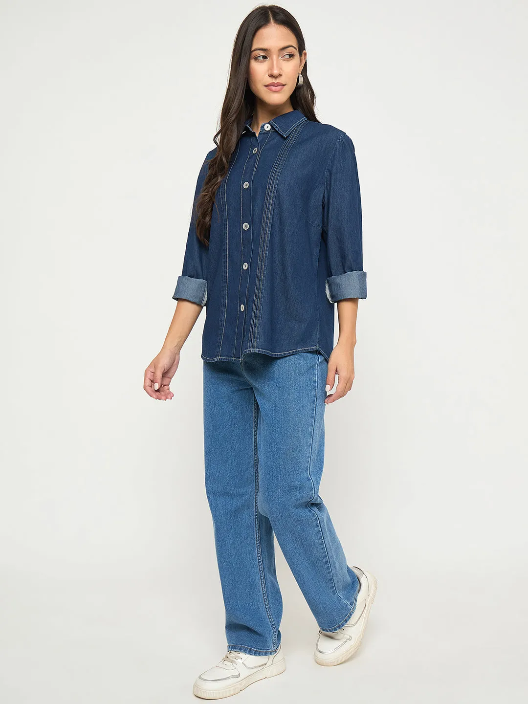 Madame Pintuck Detailed Mid Blue Denim Shirt Comfortable Design