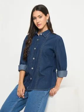 Beach Wear Madame Pintuck Detailed Mid Blue Denim Shirt