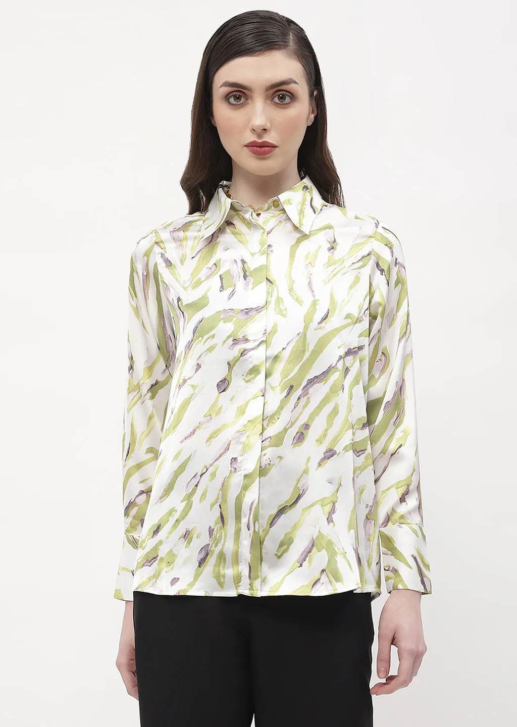 vacation wear Ribbed Trim Madame Abstract Print Olive Green Regular Shirt
