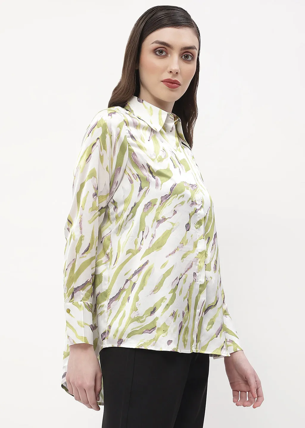 Reinforced Side Vents Low Maintenance Madame Abstract Print Olive Green Regular Shirt