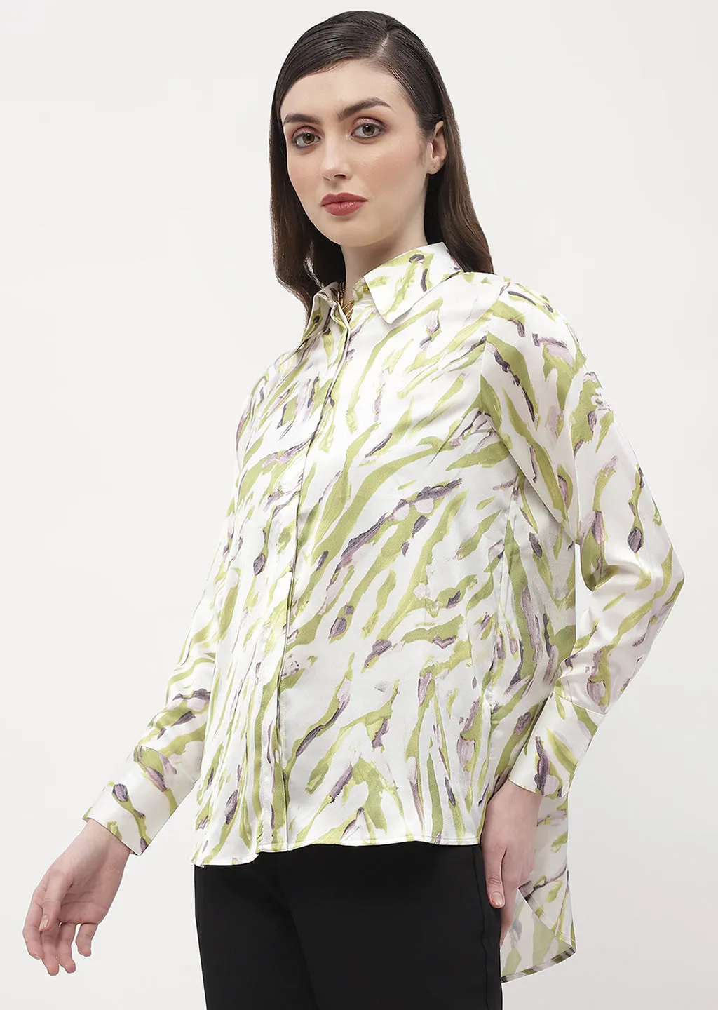 Madame Abstract Print Olive Green Regular Shirt No Slip Shoulder Grips