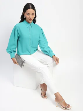 Oversized Fit Madame Embellished Cuffed Sleeve Green Shirt