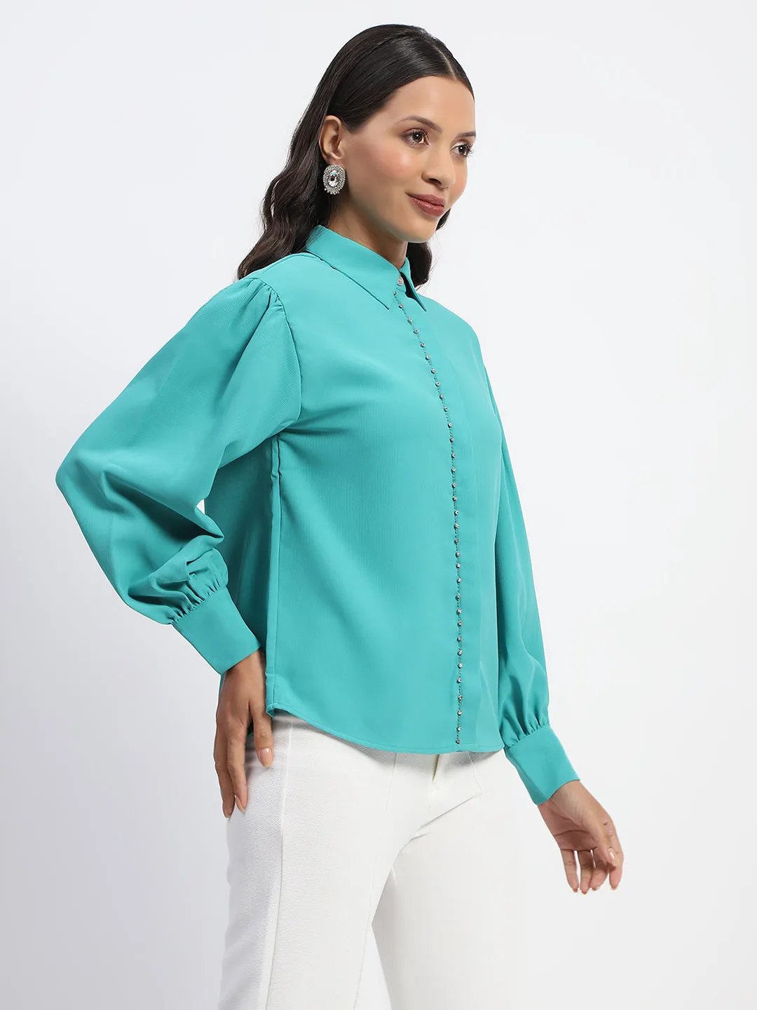 Versatile Layering Piece Comfort Wear Madame Embellished Cuffed Sleeve Green Shirt