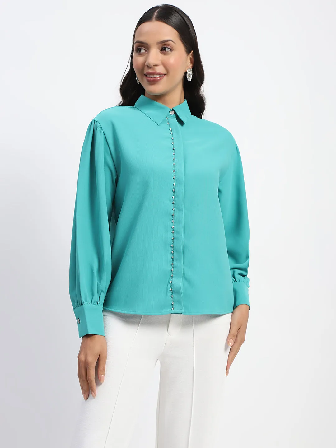 Breathable Design Madame Embellished Cuffed Sleeve Green Shirt