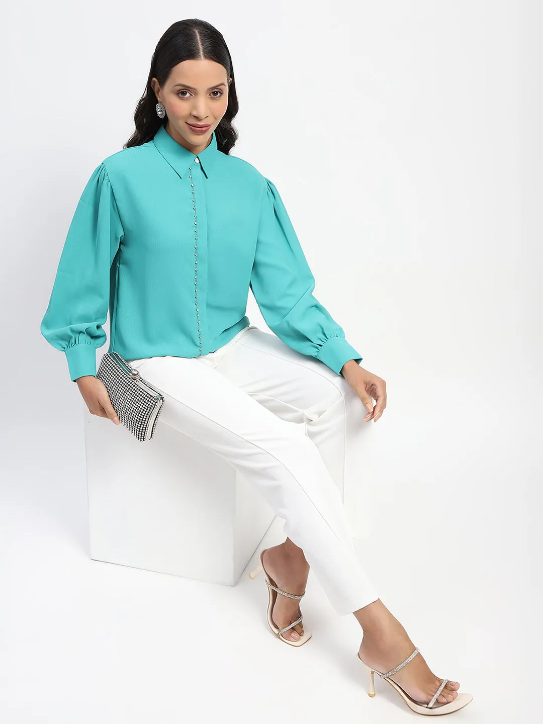 Oversized Fit Madame Embellished Cuffed Sleeve Green Shirt