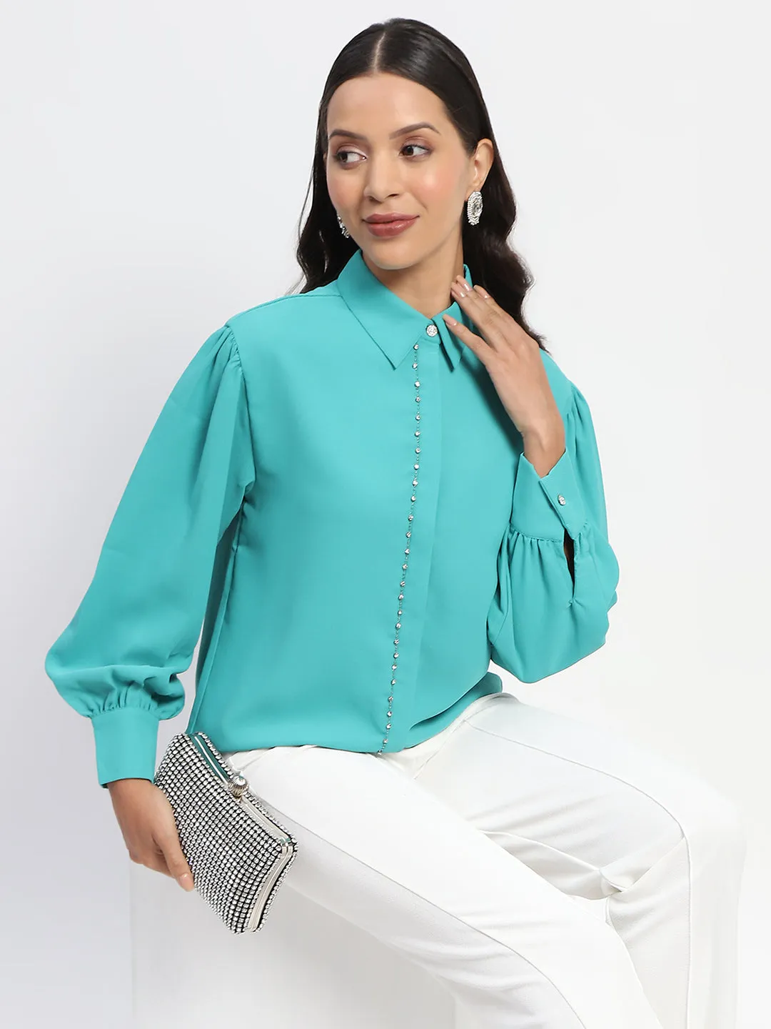 Madame Embellished Cuffed Sleeve Green Shirt Sustainable Dye Process