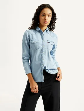 Summer Outfit Chic Ensemble Women's Solid Spread Collar Denim Shirt