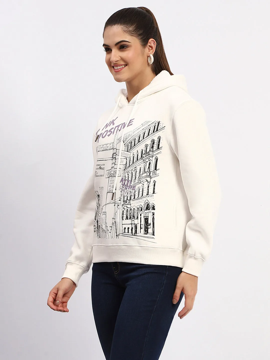 casual party product cycling suitability Madame White Graphic Printed Hoodie Sweatshirt