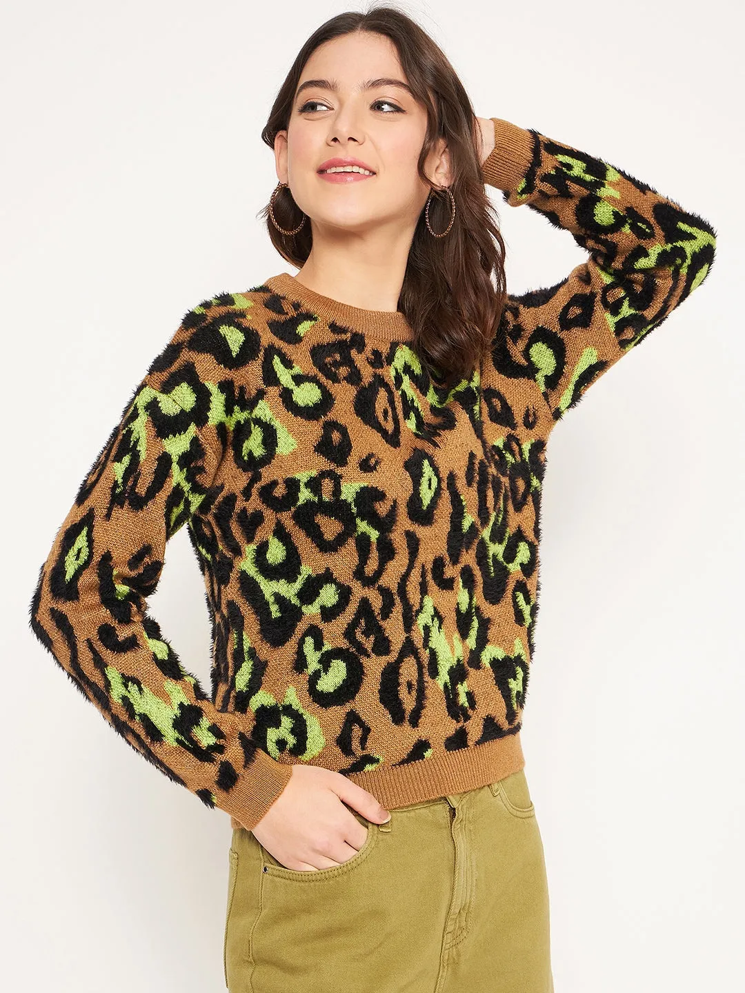 Loose Weave Madame Coffee Animal Printed Sweater