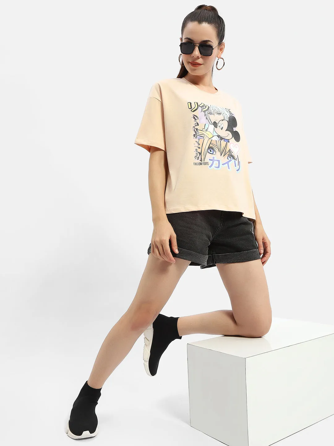 Madame Disney Mickey Mouse Peach Oversized T-Shirt Floral Print