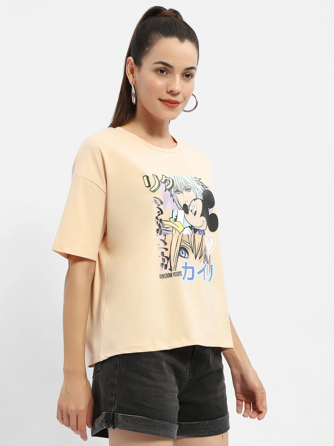 Vibrant Colors Cozy Comfort Look Madame Disney Mickey Mouse Peach Oversized T-Shirt