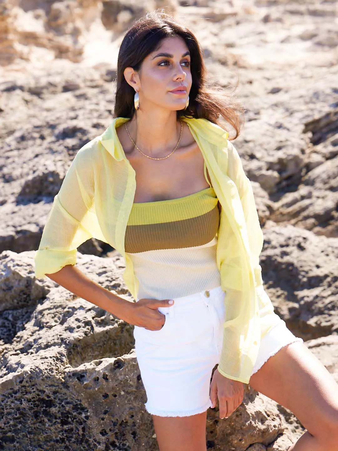 Madame Semi Sheer Lime Women Shirt Classic Color Ventilated Back