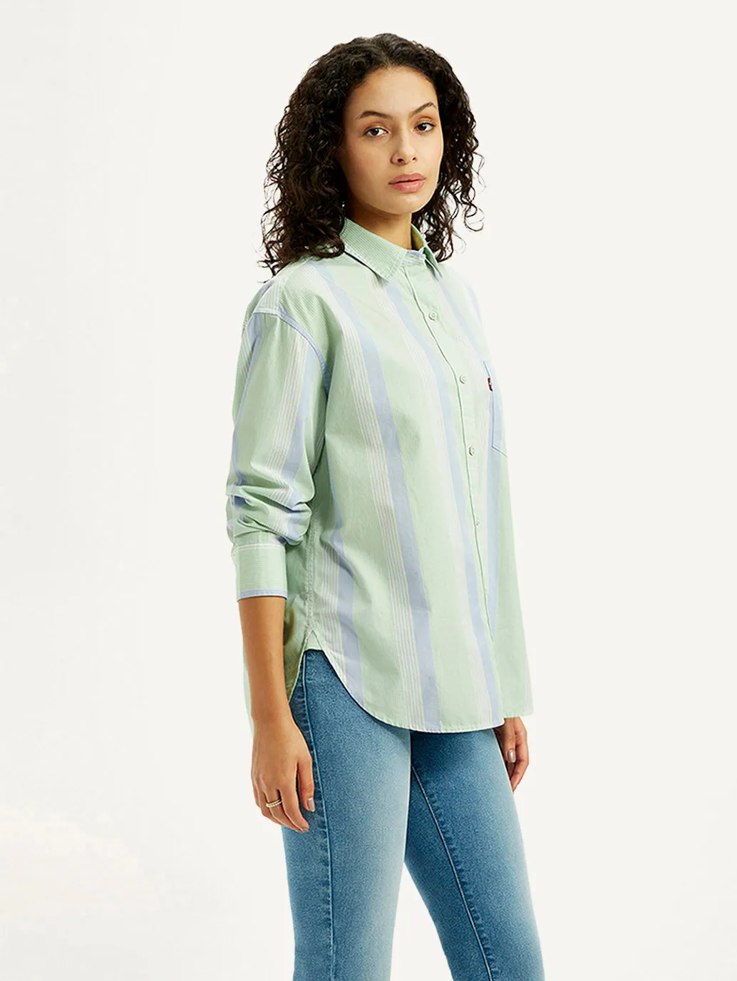 Breathable Underarm Vents Women's Striped Light Green Slim Fit Shirt