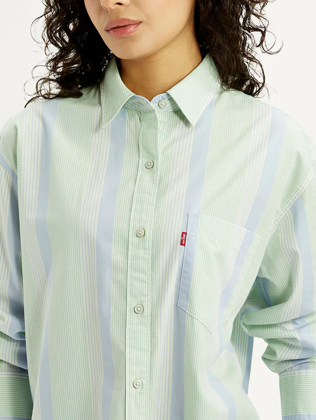 Multi Pocket Utility Street Comfort Women's Striped Light Green Slim Fit Shirt