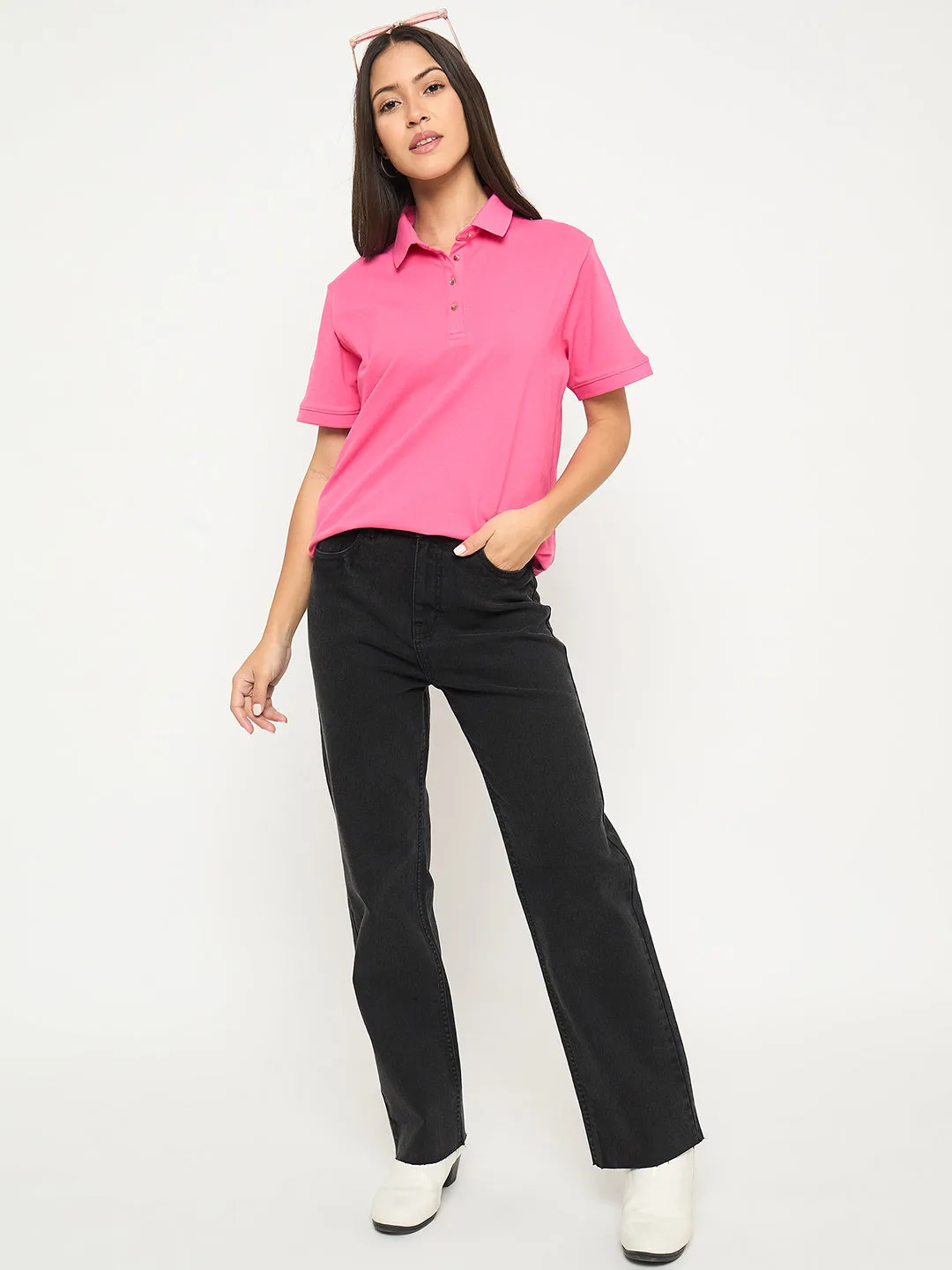 Cozy Stretch Fit Madame Cotton Blend Solid Pink Polo T-shirt