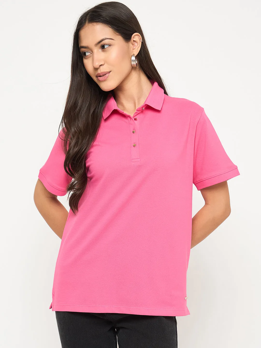 Madame Cotton Blend Solid Pink Polo T-shirt Casual Flex Fit