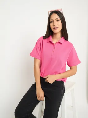 harmonious Madame Cotton Blend Solid Pink Polo T-shirt