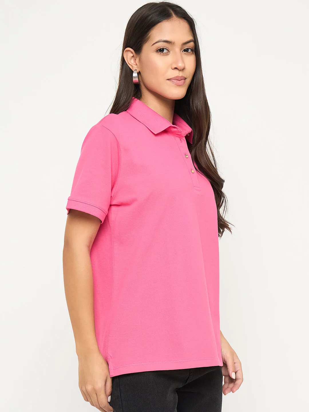 Madame Cotton Blend Solid Pink Polo T-shirt athletic style