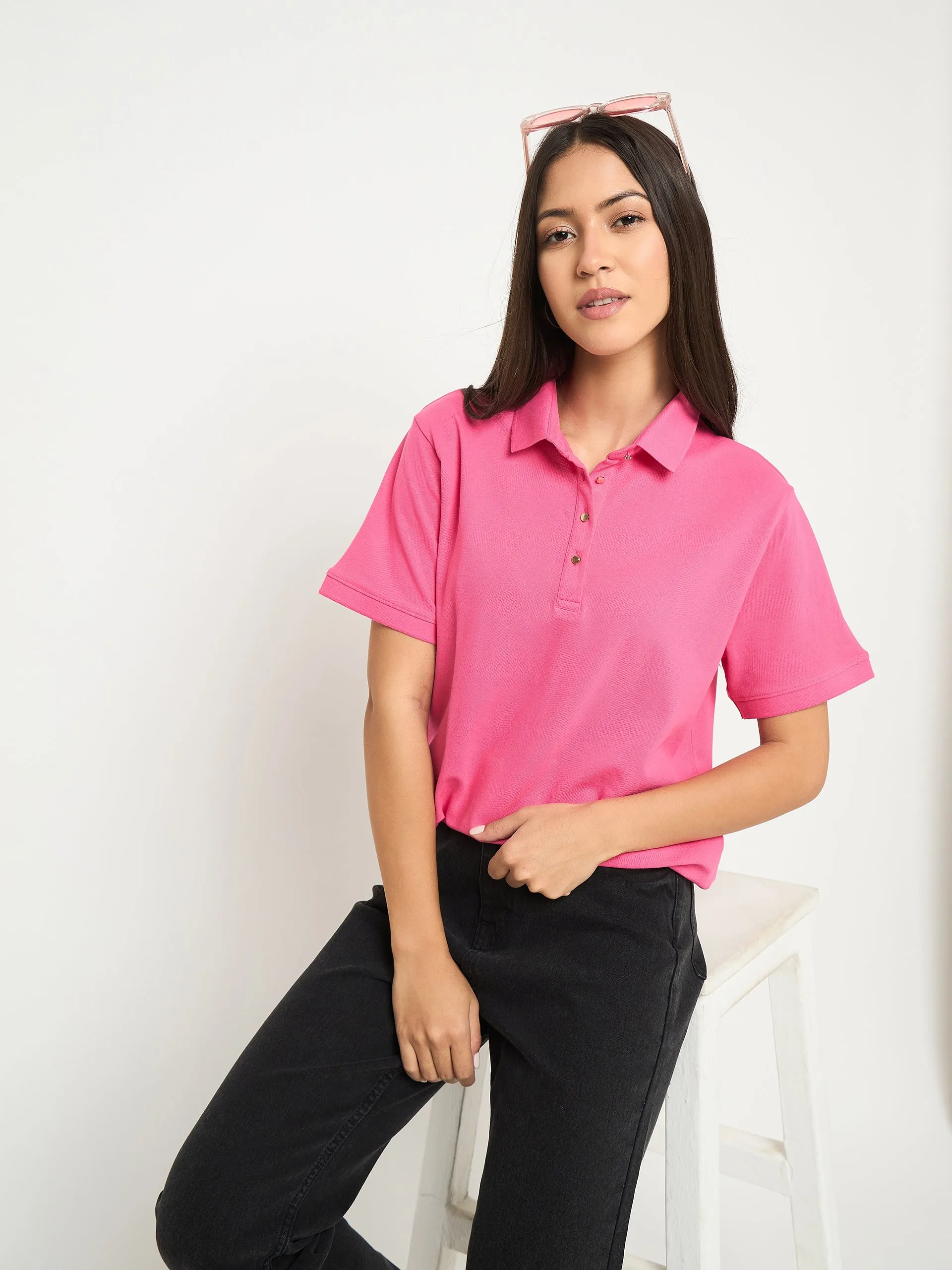 harmonious Madame Cotton Blend Solid Pink Polo T-shirt