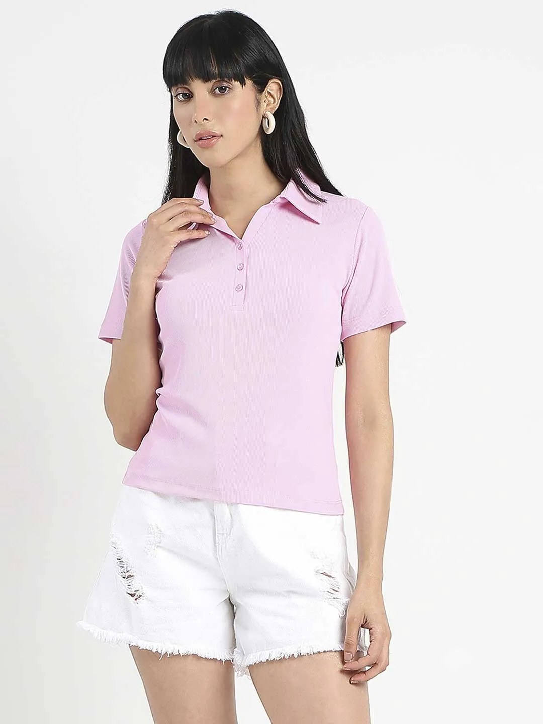 Madame Solid Pink Polo Pique T-Shirt Leather combination Timeless Layering