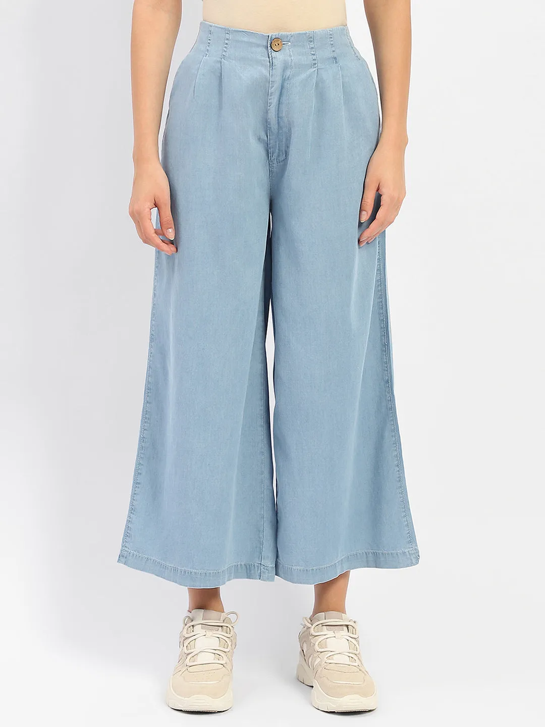 Breathable Feel Casual Luxury Winter Warmth Madame Wide Leg Cropped Light Blue Denim