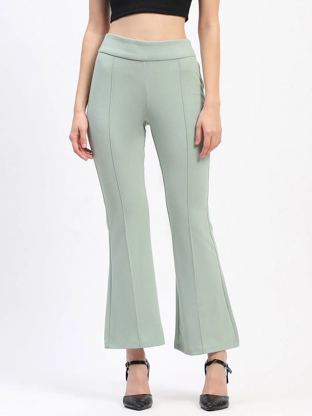 Madame Pleated Elasticated Waist Solid Moss Green Trousers Cozy Layer Printed design