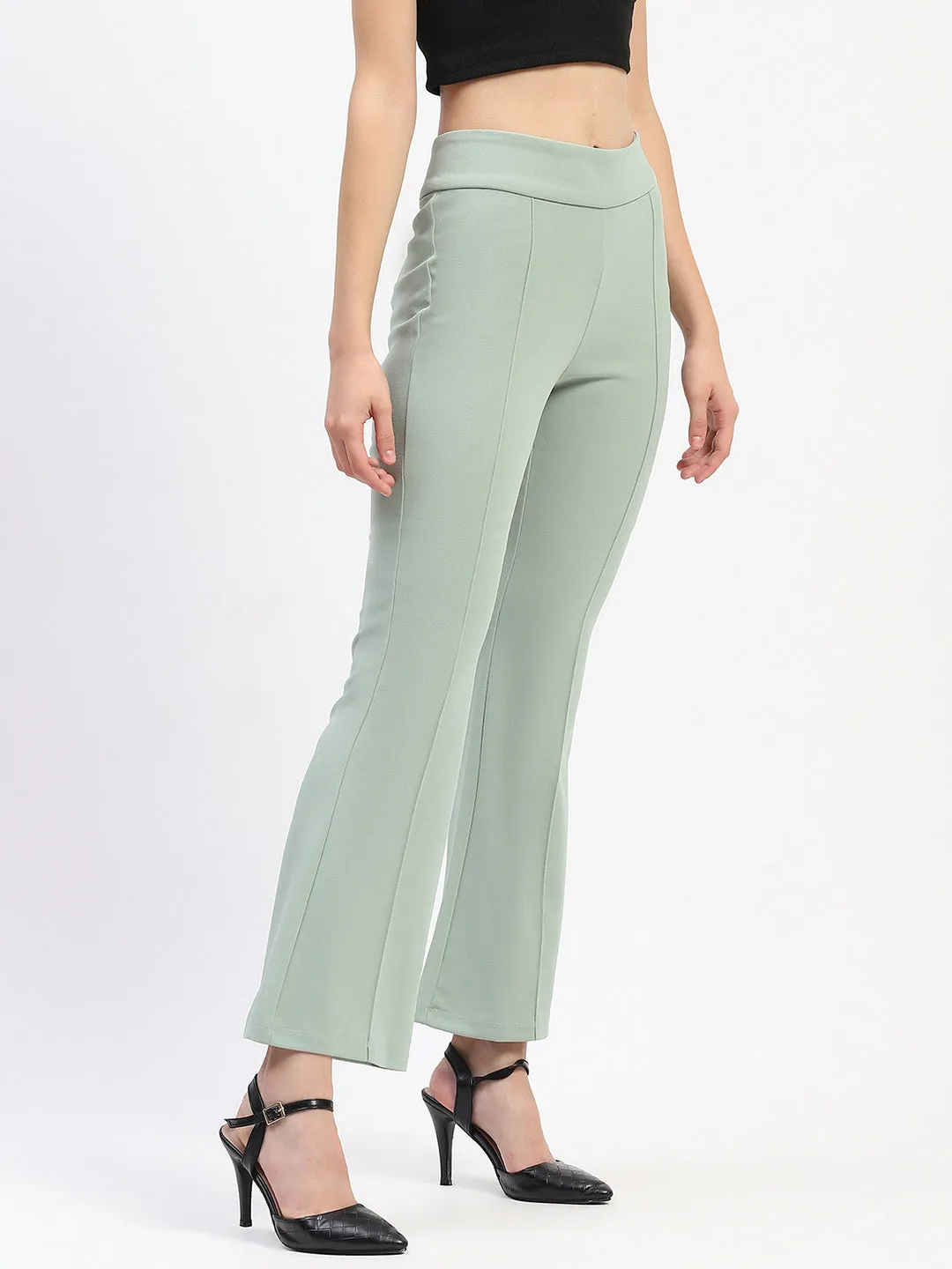 Casual Fit Comfy Active Madame Pleated Elasticated Waist Solid Moss Green Trousers