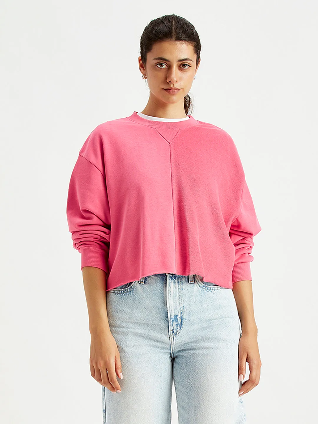 Women's Solid Pink Crew Neck Sweatshirt Warm Essentials