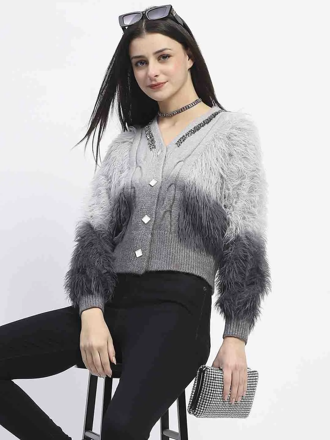 Fashionable knitwear Quick Comfort Madame Embellished Ombre V Neck Grey Sweater