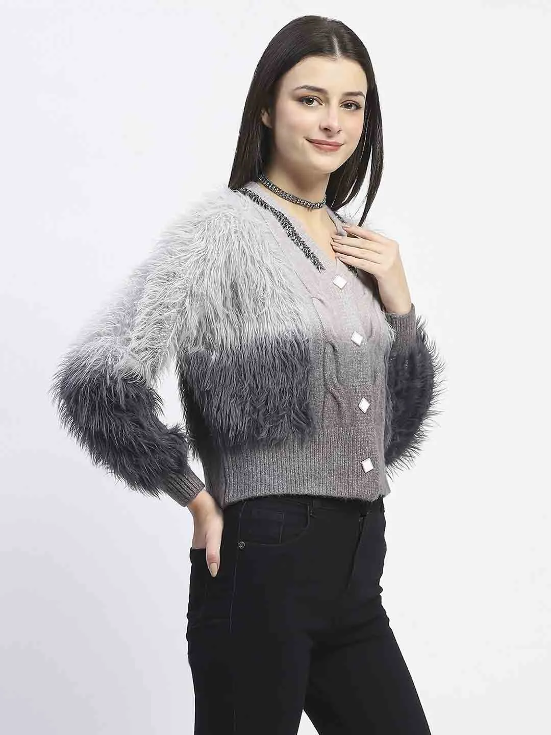 Madame Embellished Ombre V Neck Grey Sweater Slim Fit Design Breathable Mesh Panels