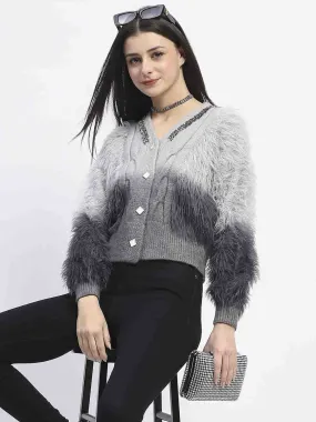 Fashionable knitwear Quick Comfort Madame Embellished Ombre V Neck Grey Sweater