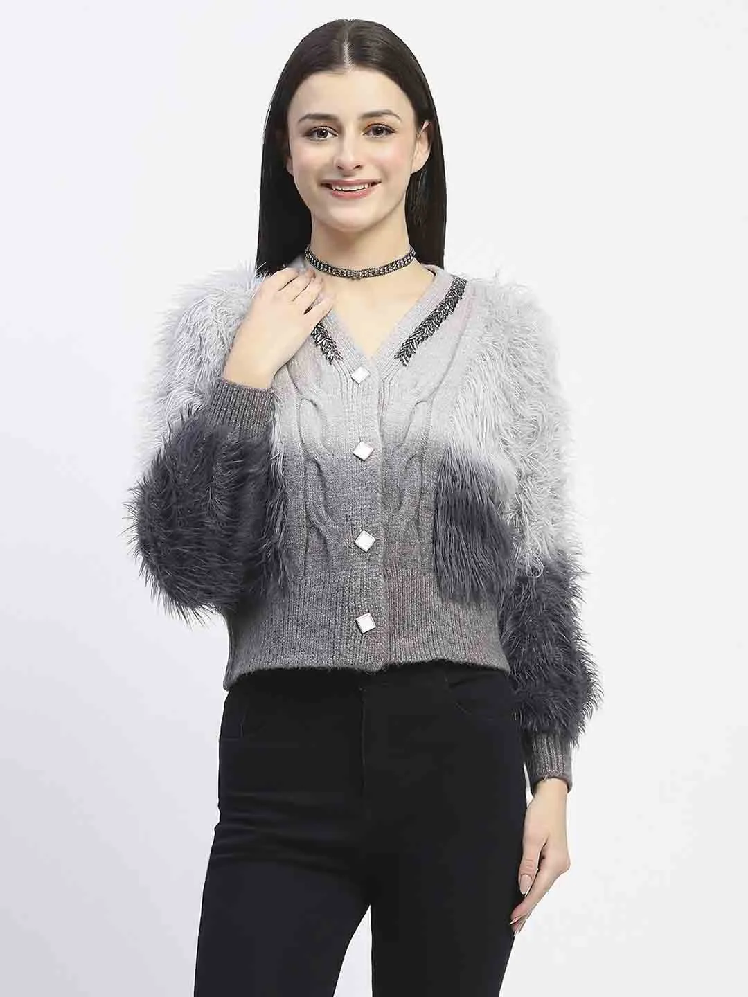 Madame Embellished Ombre V Neck Grey Sweater Premium Knitwear Warm Layers