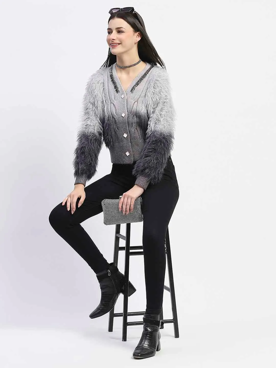 Madame Embellished Ombre V Neck Grey Sweater Anti Static Treatment