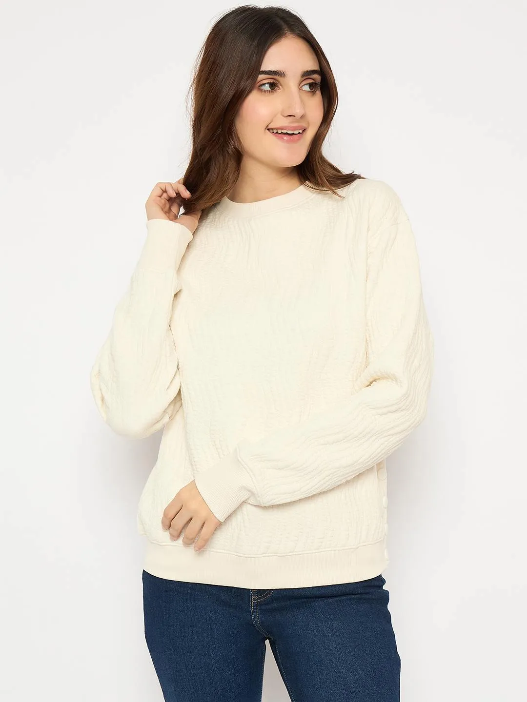 logoed product concert wear energy Madame Knitted Self-Textured Off White Sweatshirt