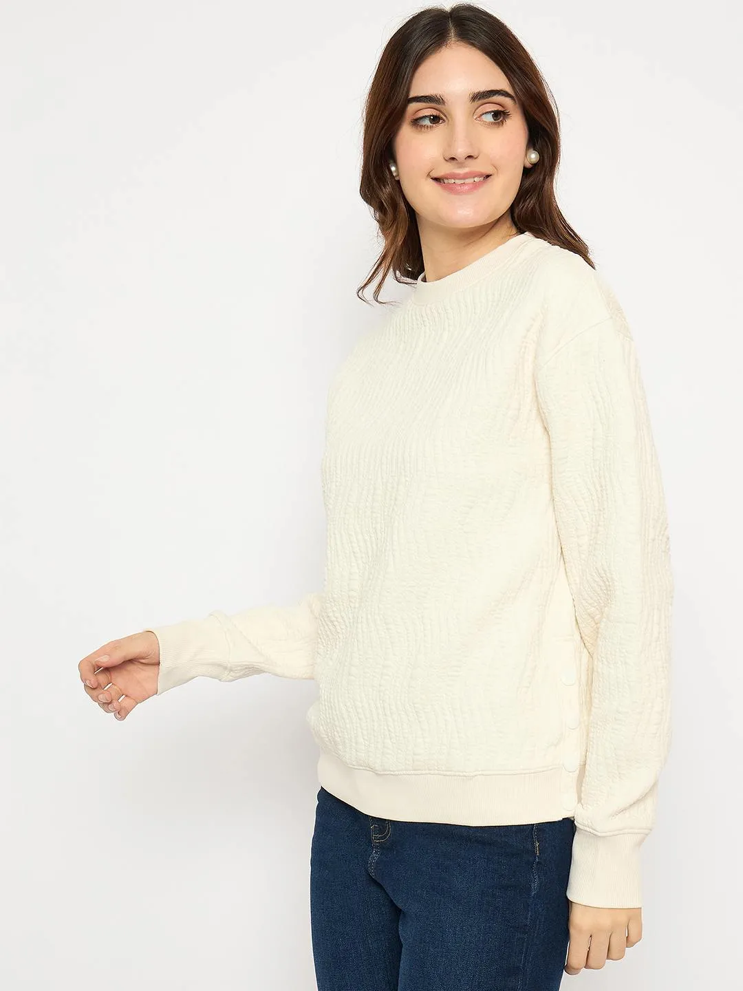 Madame Knitted Self-Textured Off White Sweatshirt Comfy Wear product customization