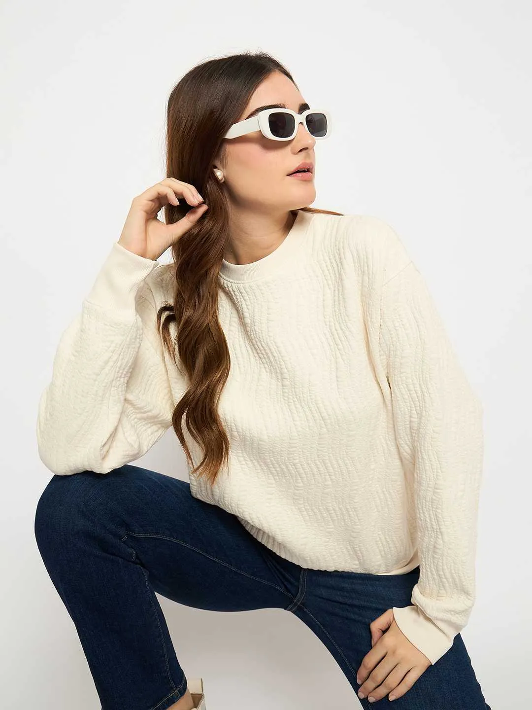 Madame Knitted Self-Textured Off White Sweatshirt All-Weather Wear product selection