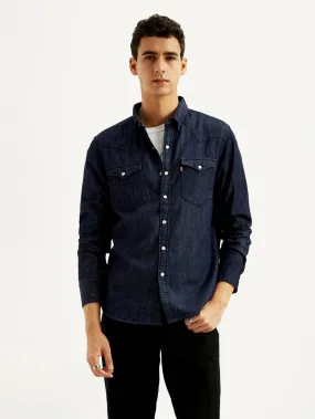 Elegant Finish Sustainable Weave Men's Solid Slim Fit Denim Shirt