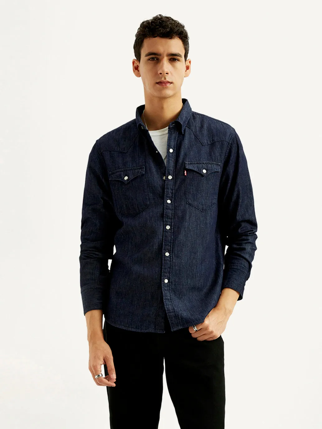Elegant Finish Sustainable Weave Men's Solid Slim Fit Denim Shirt