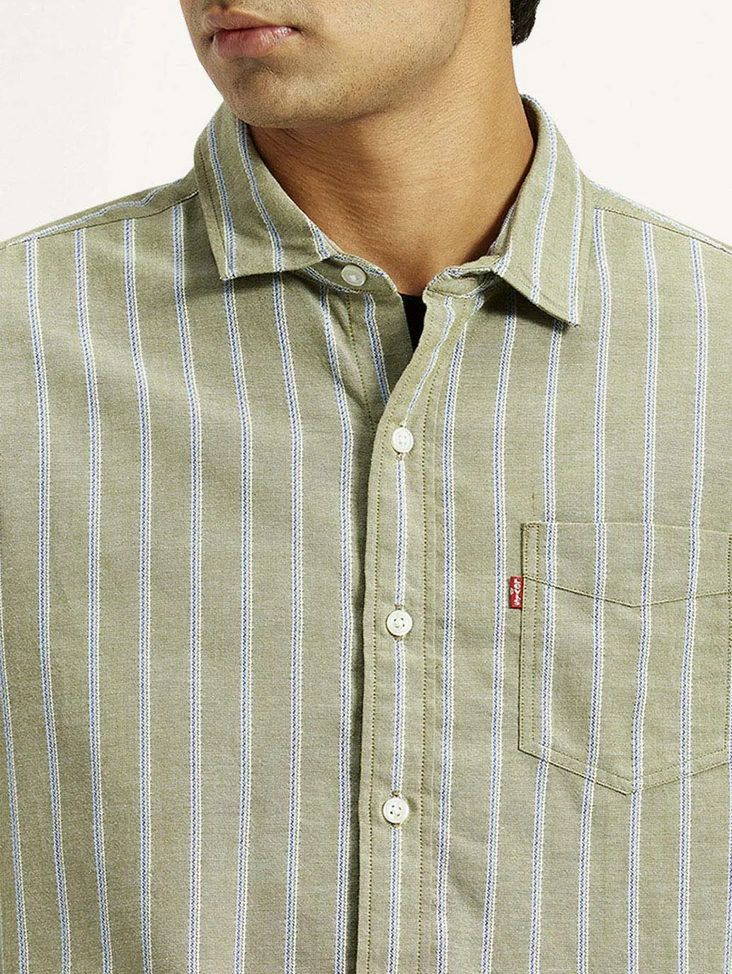 Breathable Layer Men's Striped Olive Green Slim Fit Shirt