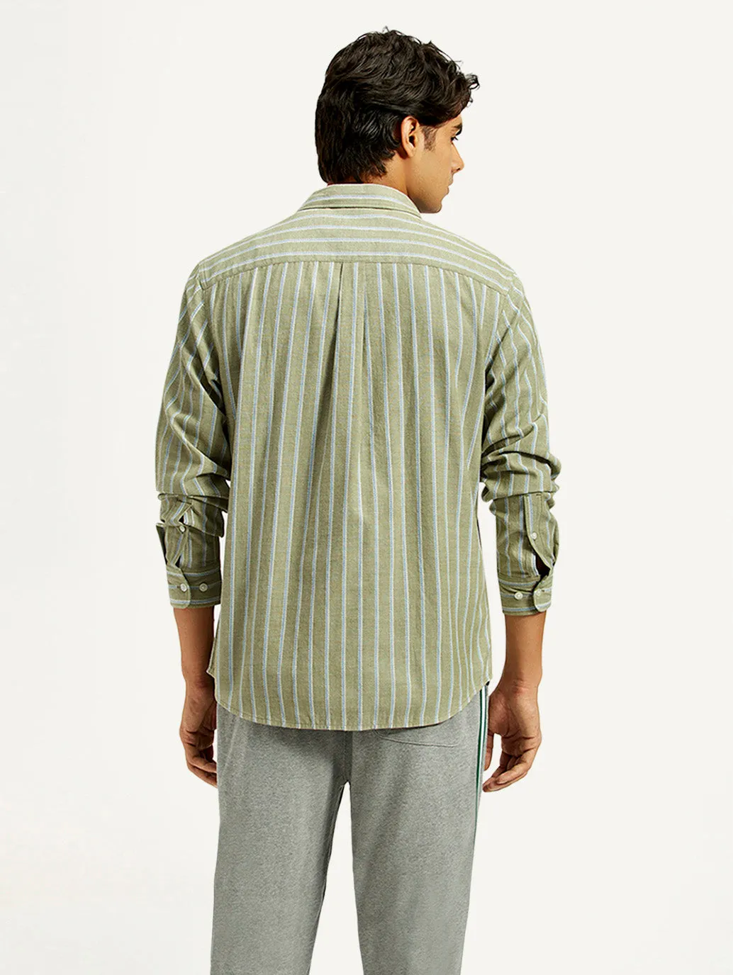 Zip Front Winter Collection Men's Striped Olive Green Slim Fit Shirt