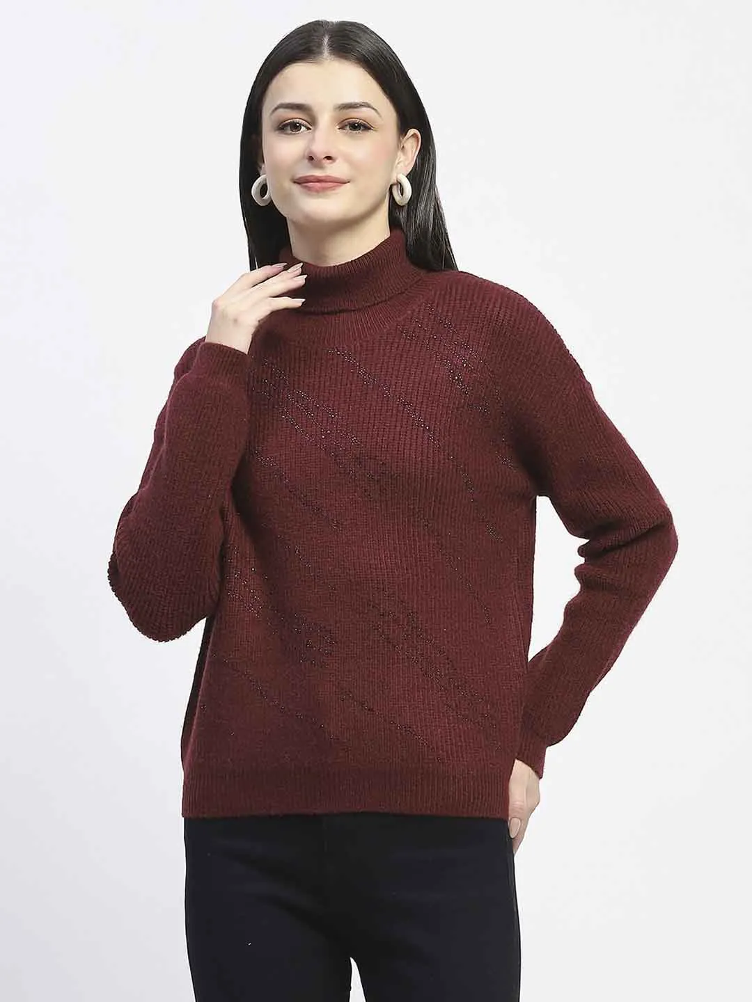 Active Wear Fit Stretch Knit Madame Self Design Wine Red Turtleneck Sweater