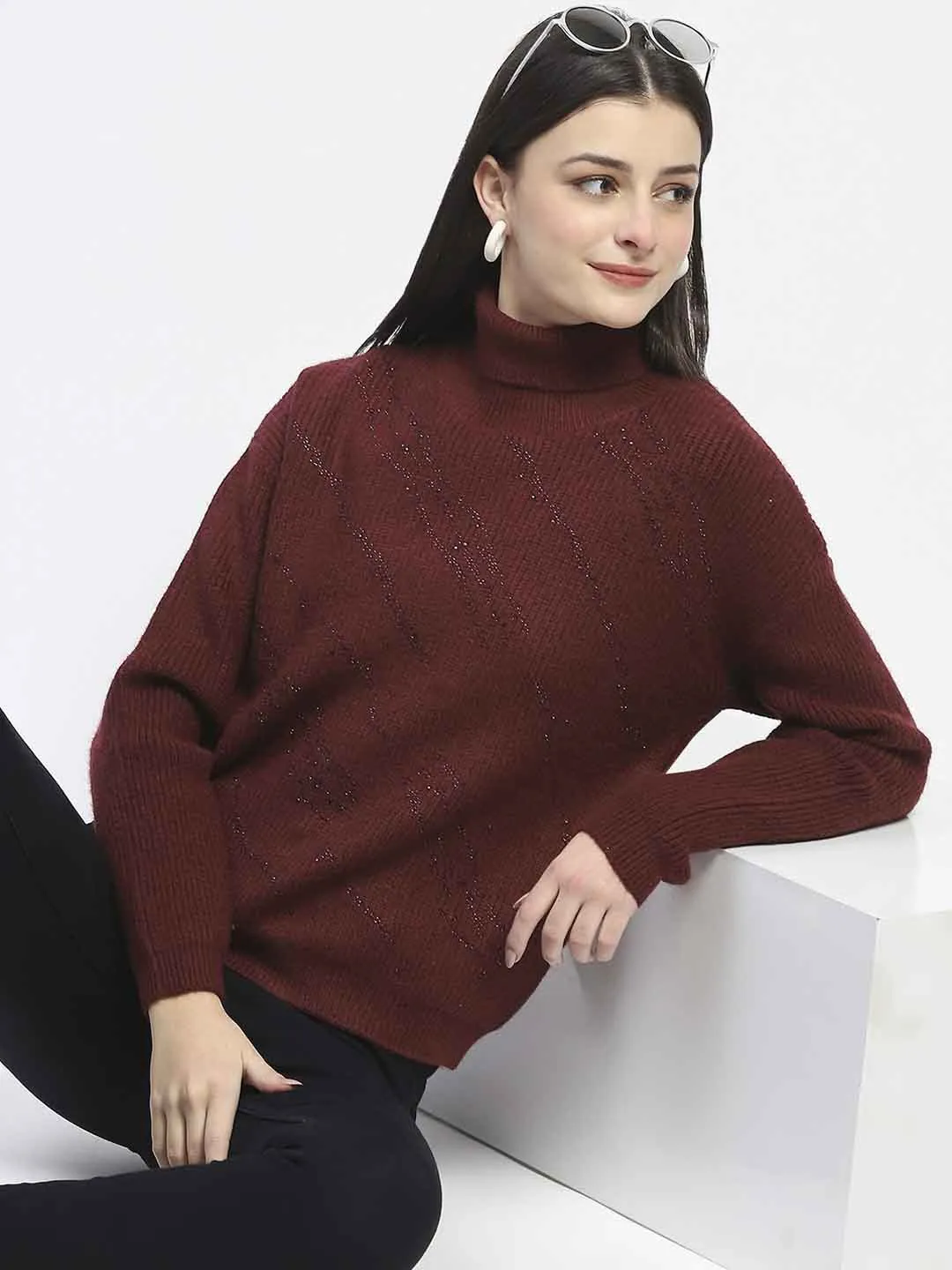 Madame Self Design Wine Red Turtleneck Sweater Knitted Comfort Chill Flex