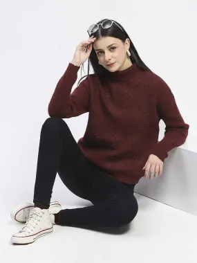 Madame Self Design Wine Red Turtleneck Sweater Knit texture Stretchy Waist