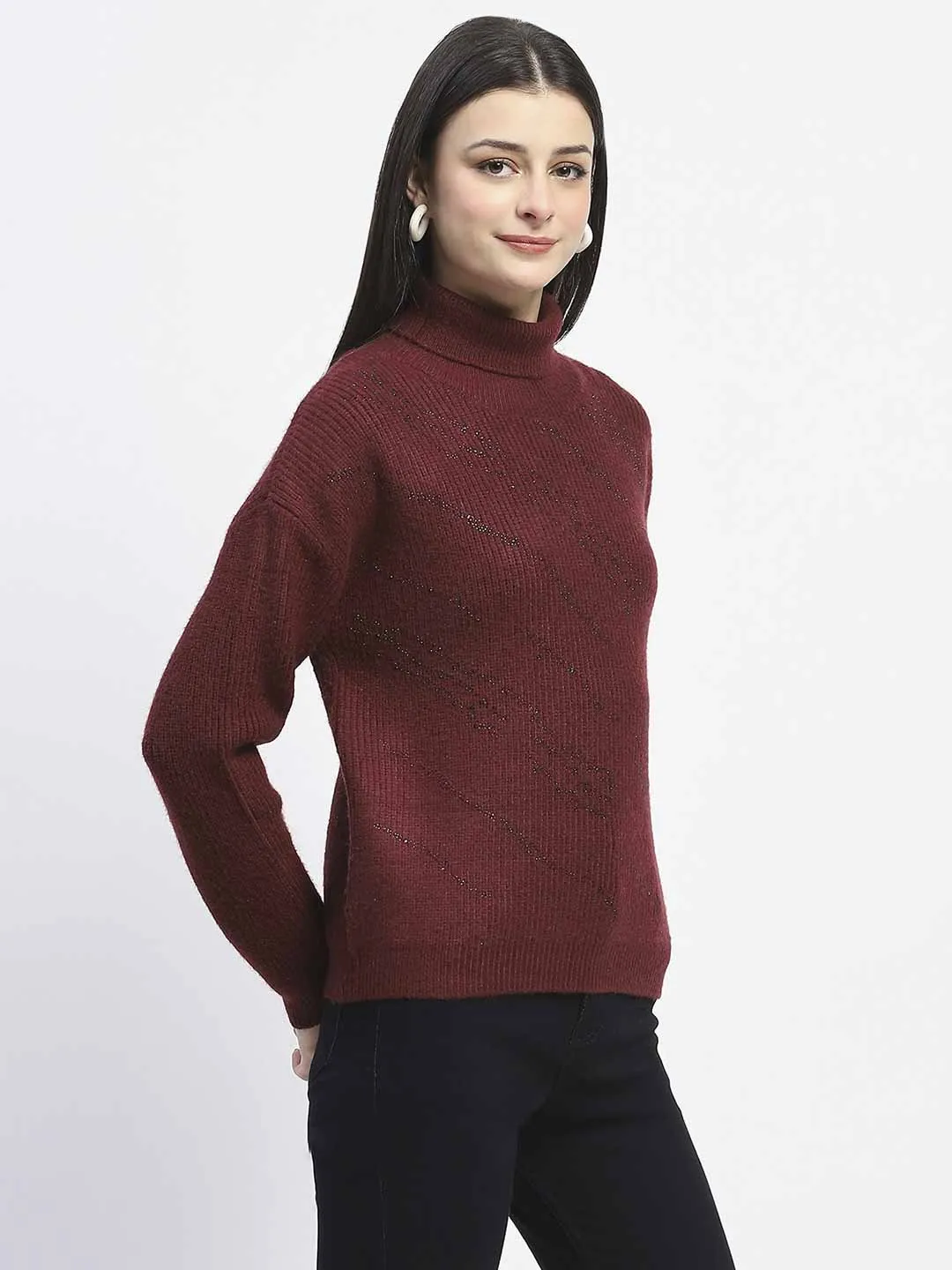 Cold-Weather Apparel Snug Comfort Madame Self Design Wine Red Turtleneck Sweater