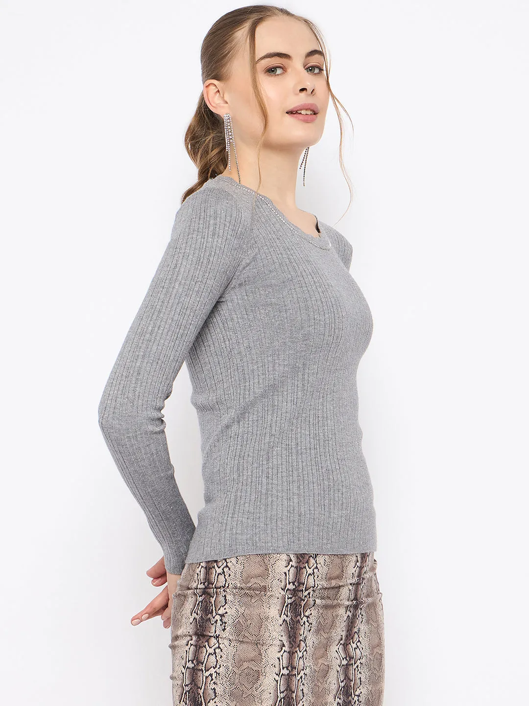 Cozy All-Day Soft Texture Madame Scalloped Neck Solid Grey Sweater