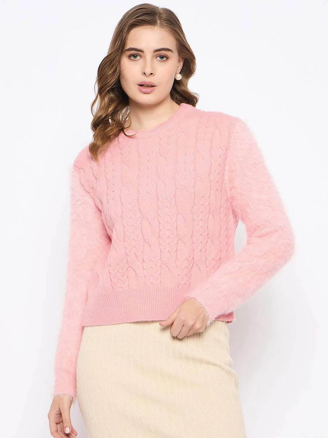 Madame Cable Knit Solid Peach Sweater Soft Interior