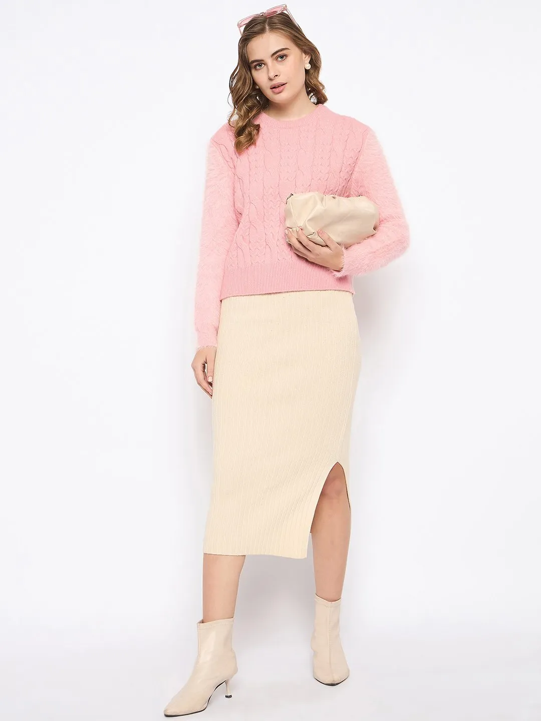 All Day Softness Ribbed Hem Madame Cable Knit Solid Peach Sweater